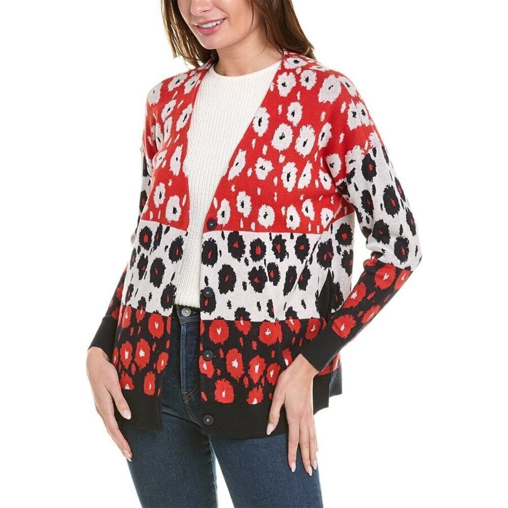 Cabi Upbeat Cardigan Retro Floral in Navy Red White Button Front w/ Pockets, S